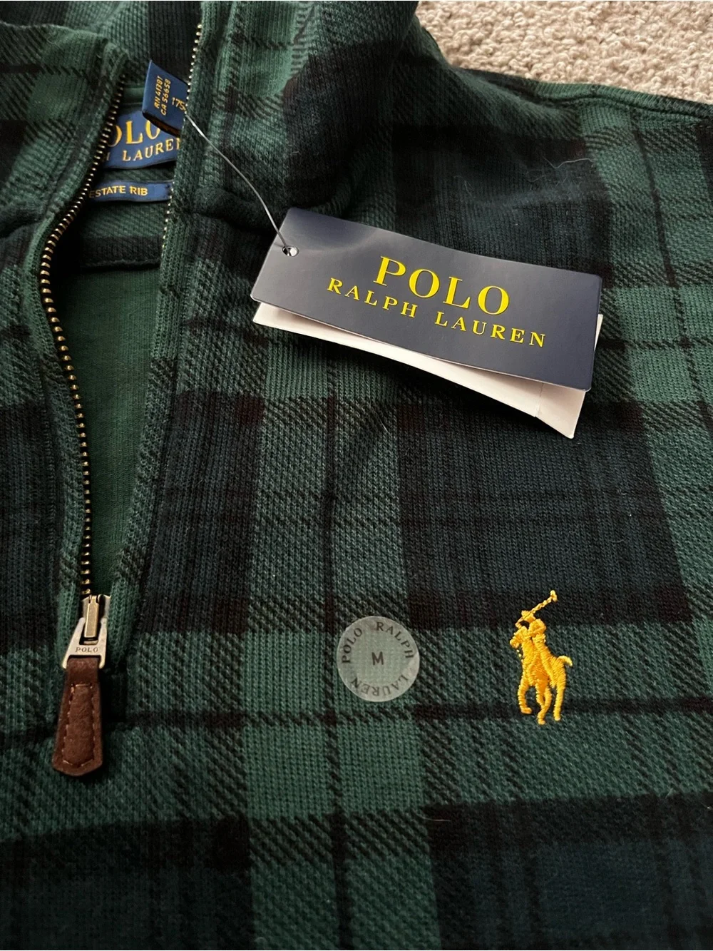 BNWT - Polo by Ralph Lauren - Green & Navy Plaid 1/4-Zip Sweater - Men’s Size M
